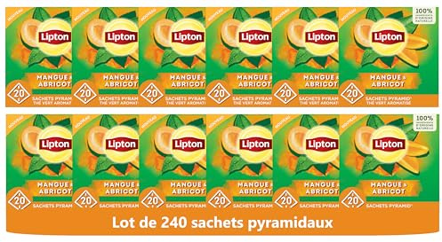 Lipton, Thé Vert, Thé Vert Aromatisé, Infusion à Froid ou Chaud, Goût Mangue & Abricot, Ingrédients d'Origine 100% Naturelle, 240 Sachets Pyramid