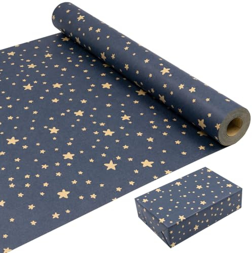Rollo de papel de regalo para cumpleaños de 43 cm × 20 m, papel kraft azul reciclable con estrellas, adecuado para Navidad, cumpleaños, fiesta, embalaje de regalo de boda