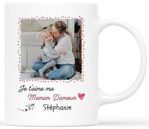 Cadeau Plus Mug Personnalisé Prénom Et Photo - Je T'Aime Maman D'amour - Cadeau Fete Des Meres Personnalisé, Tasse Personnalisé Maman, Mug Maman Personnalisé, Mug Personnalisé Fete Des Meres