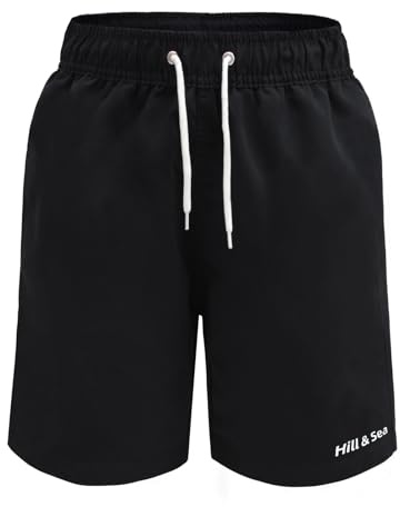 Hill & Sea Costume da Bagno per Ragazzi Pantaloncini da tavola ad Asciugatura Rapida Traspiranti e idrorepellenti Pantaloncini da Bagno con Fodera in Rete Tasche e Coulisse Regolabile Nero 176
