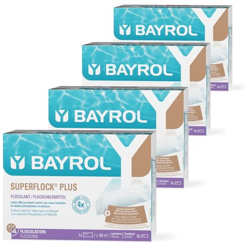 BAYROL Superflock Plus 4 x 1 kg – Floculant piscine pour filtre à sable/verre filtrant – Cartouche de floculation piscine – Rend l'eau claire comme du cristal