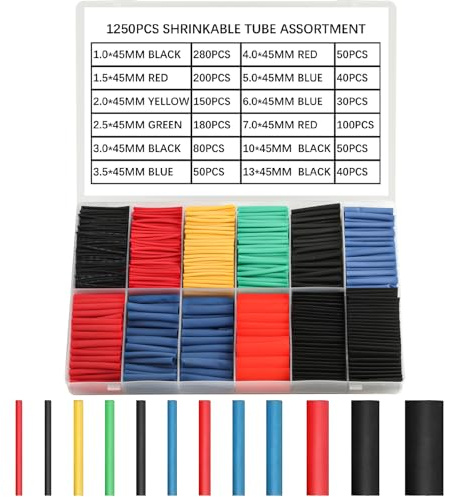 1250 Pcs Heat Shrink Tubing Kit,Shrink Ratio 2:1 Electric Insulation Heat Shrink Sleeving,Heatshrink Tubes,Heatshrink Sleeving Kit,Insulation Wire Cable Sleevings for Fixing & Protecting/12 Sizes