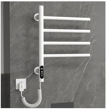 LYMGRZ Scaldasalviette Bianco, 4 aste, in Acciaio Inox per Bagno, scaldasalviette Elettrico Girevole con Timer, scaldasalviette a Parete con Spina.