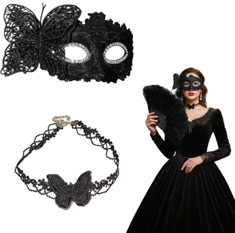 Spitze Maske Schwarz Schmetterlings-Spitzenhalskette, Venezianische Maske Damen, Maske Gesicht Verkleidung, Schwarz Sexy Lace Augenmaske für Frauen, Augenmaske für Halloween Karneval Abendkleid Tanz