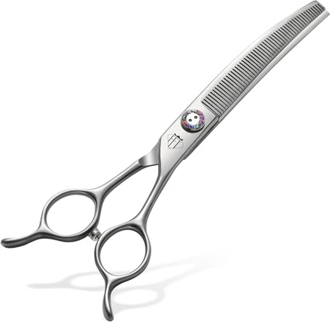 Fenice Totem Professional Dog Grooming Scissors, 7 Inch JP440C Stainless Steel, 25% Thinning Curved Shears with Ergonomic Handle, Silver (Curved Thinner, 7.5)