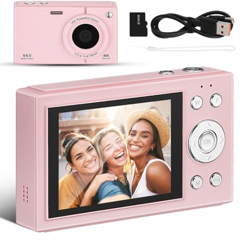 SOIMISS 64gb Fotocamera Digitale Portatile con Memoria Wi-fi e Design Retrò Rosa per Viaggi Adolescenti e Principianti
