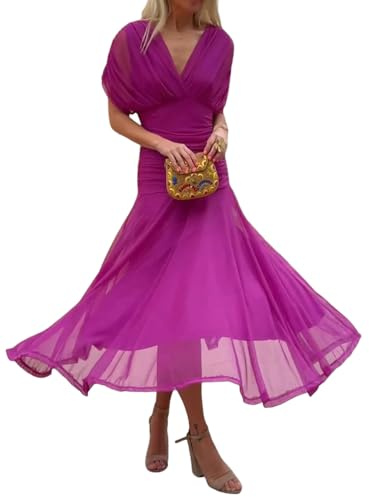 Minetom Robe de Soirée Femme Elegante Col V Manche Courte | Robes de Cocktail, Longue, Cérémonie, Mariage, Soirée