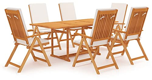 QJBSAVVA 7-TLG. Teak-Gartenmöbel Essgruppe klappbar 180x90 cm Tisch & 6 Stühle mit cremeweißen Kissen 5-Fach verstellbare Lehne platzsparend für Balkon Terrasse und Garten