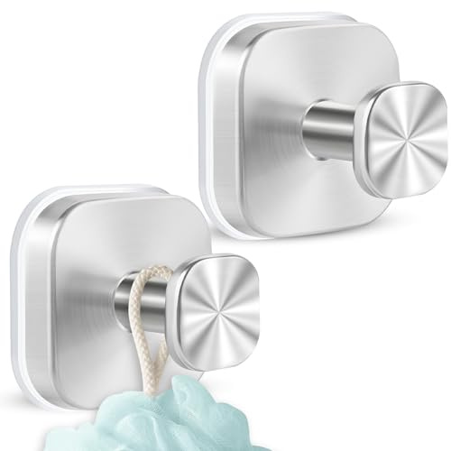 MOXYOY 2Pcs Stainless Steel Suction Cup Hooks, No Drill Hook for Bathroom & Shower Adhesive Suction Hook for Hanging Towels Loofah Robe