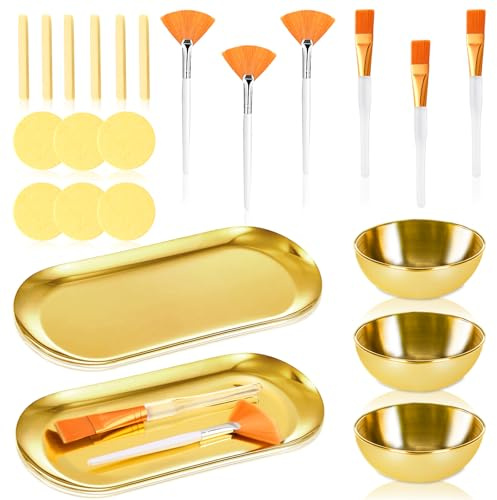 22 PCS Esthetician Facial Supplies Set 3 Stainless Steel Gold Face Mask Bowl 3 Facial Fan Brush 3 Face Mask Applicator Brush Flat Gold Small Skincare Tray 12 Compressed Face Sponges for Salon Spas