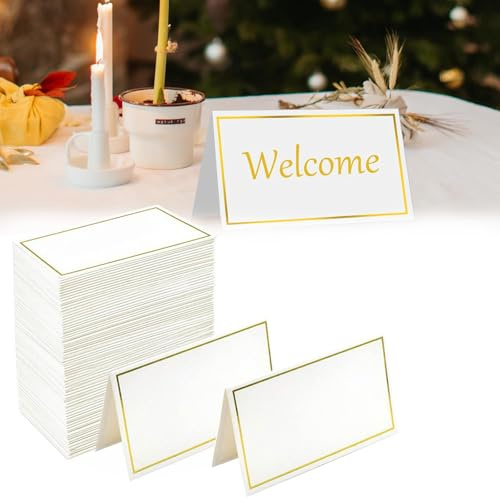 HSYTEK 50 Stück Tischkarten Hochzeit, Blanko Tischkarten Geburtstag, Goldfolien Rahmen Platzkarten, 8.4x10.2 cm Tischkärtchen für Hochzeit, Kommunion, Geburtstag, Produktetiketten (Goldfolien Rahmen)