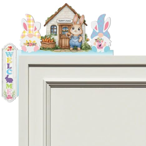 FOSDICK Decorazioni Pasquali da Porta in Legno, Pasqua Decorazioni Angolo Porta, con Coniglio Pasquale Casa Elfo Motivo, Addobbi Pasquali Angolo porta in Legno, Decorazione Pasqua per Finestre Mensole