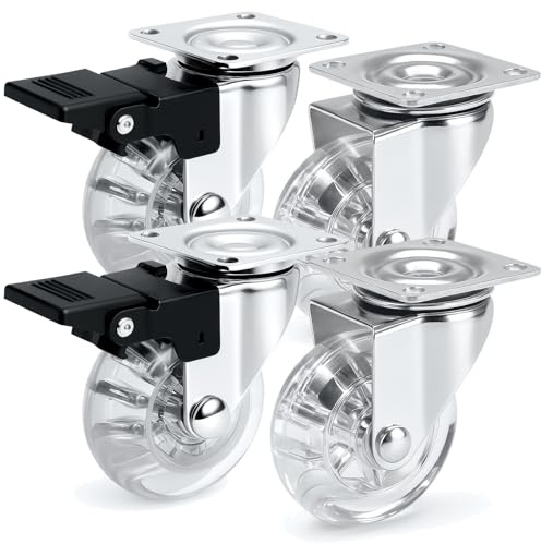 PRIOstahl Möbelrollen Premium Transparent 4er Set 50mm 2 Lenkrollen + 2 mit Bremse 20kg Tragkraft Transportrollen klein mit Anschraubplatte Büro