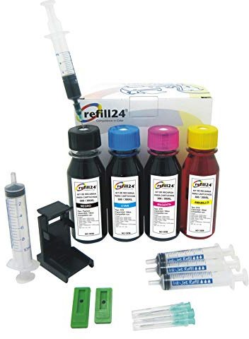 refill24 Nachfüllset: Nachfülltinte 400 ml kompatibel für Druckerpatronen HP 300, 300 XL Schwarz und Farbe + Zubehör + Anleitung, Refillset mit Druckertinte für DeskJet Envy Photosmart