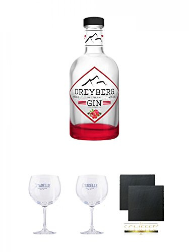 Dreyberg Liquid Red Berry GIN 0,7 Liter + Citadelle Ballon GIN Glas 1 Stück + Citadelle Ballon GIN Glas 1 Stück + Schiefer Glasuntersetzer eckig ca. 9,5 cm Ø 2 Stück
