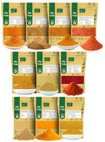 BIO Gewürzmischung Indische Küche Gewürzset - Masala 10er SET - Garam Masala, Curry Gewürzmischung, Kurkuma, ChickenMasala, Asiatische Masala, Kreuzkümmel Paprika Fenchel Koriander Gewürze