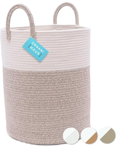 OrganiHaus Large Laundry Basket, Cotton Rope Storage Bin for Dirty Clothes & Toys, Woven Blanket Basket with Handles, Washing Baskets for Laundry, Nursery or Bedroom Decor - 38x45cm, Brown