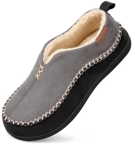 EverFoams Men's Micro Suede Memory Foam Moccasin Slippers with Fuzzy Sherpa Lining and Anti-skid Sole Grey Size 9 UK