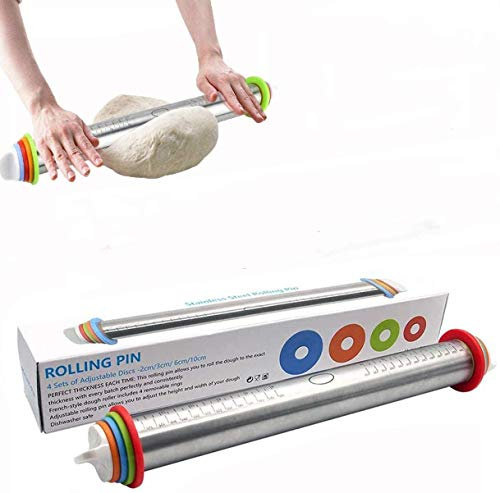 Yilu Rouleau à pâtisserie réglable en acier inoxydable avec 4 anneaux d'épaisseur amovibles et réglables, rouleau à pâte de 43,2 cm avec anneaux de guidage amovibles et graduations pour la pâtisserie