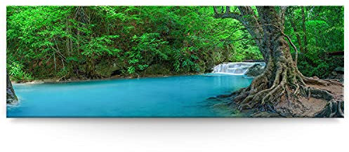 BilderKing Wandbild Wasserfall Fluss Thailand - 150cm x 50cm Leinwand auf Fertigrahmen + Aufhänger