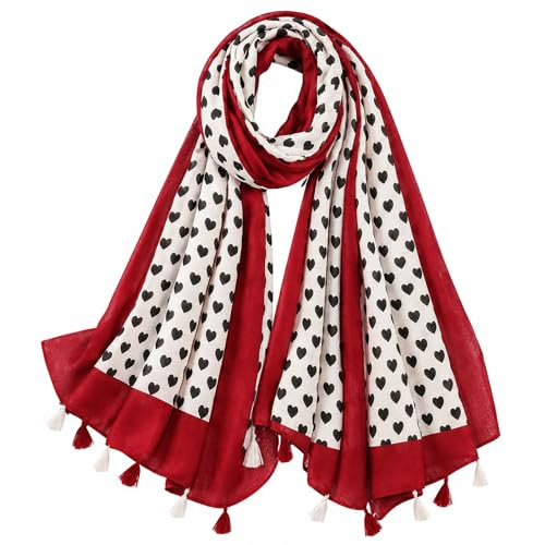 FAIRYGATE Schals & Tücher für Damen Roter Schal mit Herzdruck Leicht und Weich Elegant Quaste groß Wickelschal mit Quaste Damenschals 2962
