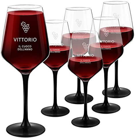 Maverton 6 Calici da vino Rubino 300 ml - incisione personalizzata - con gambo nero - perfetti per vino secco e dolce - per compleanno - unici per uomo - pensiero speciale - uva perfetta