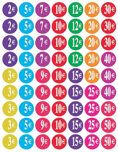 Affichesstore 30252 - Juego de 315 etiquetas adhesivas redondas de 25 mm, 5 hojas de 63 etiquetas, varios precios desde 2 hasta 50 €