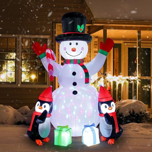 Lewondr Decorazione Gonfiabile Natale, 180 cm Pupazzo di Neve Gonfiabile con Figura di Pinguini, Scatole di Regalo, Decorazione Gonfiabile con Lampadine a LED, Luce Bianca e Colorata, Bianco + Nero