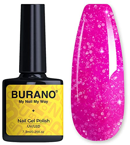 BURANO Glitter Gel Nail Polish, LED UV Nail Gel Shimmer Holographic Effect Soak off Curing Required Hot pink LP6