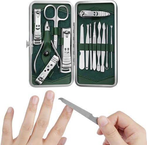 H&S Set Manicura y Pedicura para Hombre y Mujer - 14uds - Kit de Acero Inoxidable para el Cuidado de las Uñas - Quitacutículas y Cortauñas con Estuche de Cuero - Verde Oscuro