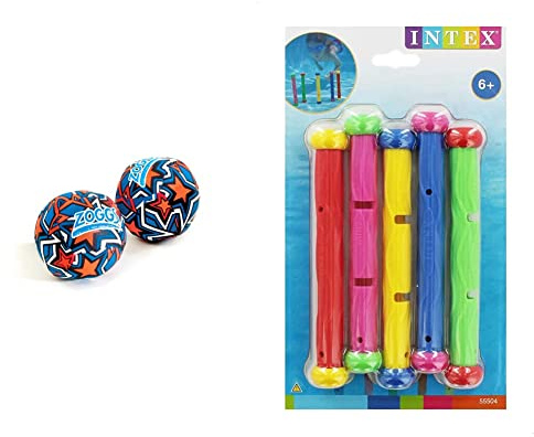Zoggs Unisex Baby (Set of 2) Kids Water Friendly Neoprene Covered Splash Balls, Orange/Blue, Set 2 UK & Intex Summer Fun Swimming Pool Dive Sticks - 55504