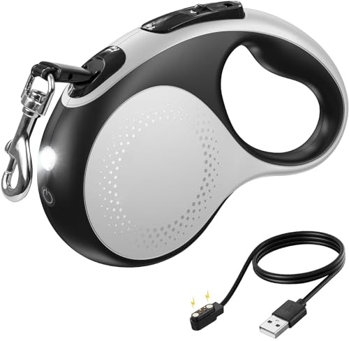 Extendable Dog Lead with LED Light, 5M/16.4ft Retractable Dog Leash Heavy Duty Extension Dog Lead with Anti-Slip Handle and Quick Brake Button for Large Dogs Up to to 110lbs/50kg (White)
