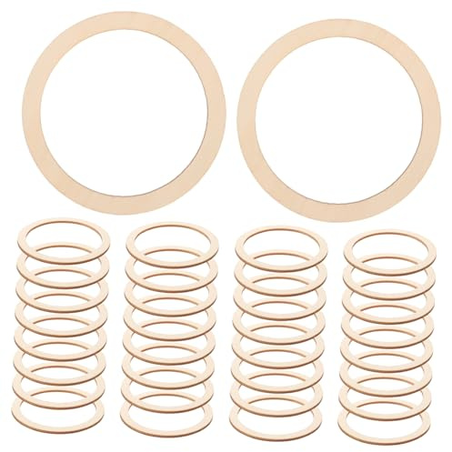 Lurrose 50 colgantes de madera redondos planos sin acabar, forma de corona plana, círculos de madera sin terminar, aros redondos de cestería, anillos atrapasueños, decoración de madera, bricolaje,