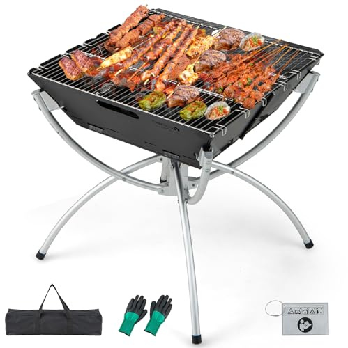 COSTWAY Griglia Barbecue da Campeggio, Barbecue Pieghevole Portatile 3 in 1 con Griglie in Acciaio Inossidabile, per Picnic, Campeggio, Cortile e Patio