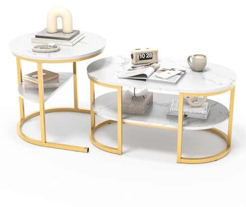 jeerbly Couchtisch 2er Set, Rund und Oval Wohnzimmertisch mit Stauraum, Metallrahmen Satztisch mit Marmor Optik, Beistelltisch Sofatisch Weiß & Golden