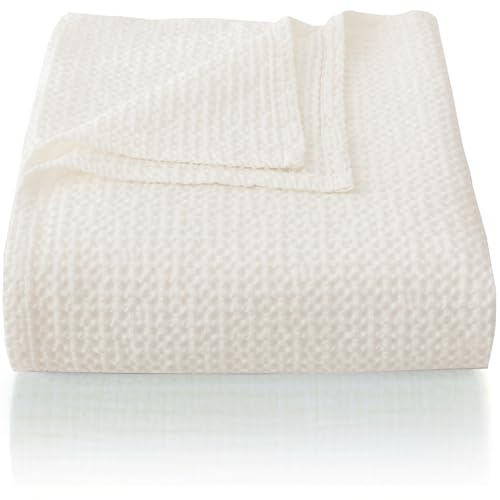 CHUFFED 100% Baumwolle Decke 220 x 240 cm, Weiche und Atmungsaktive Tagesdecke, Waffelmuster Leichte Decke als Sofadecke Couchdecke, Weich Kuschelige Wohndecke Wohnzimmer, Sofa Couch Weiß