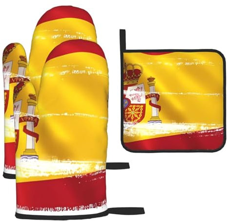 YYHHAOFA Lot de 3 gants de cuisine imperméables et durables pour four et manique pour isolation thermique Motif drapeau de l'Espagne