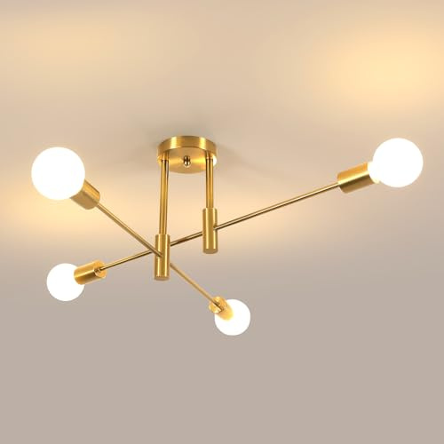 Comely Lamparas de Techo Vintage, 4 Cabezas E27 Lámpara de Araña Industrial de Metal, Ángulo Ajustable de 180° Luz de techo Retro para Dormitorio Salón Cocina Pasillo, Oro (Diámetro 72cm)