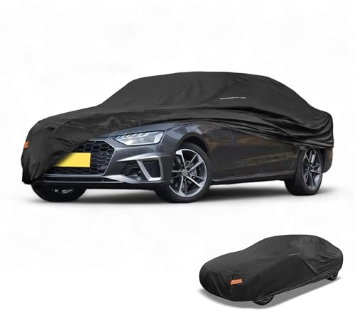 Partuto 190T-PU Universal Waterproof Car Cover for Sedan 177-185in | with Mirror Pocket, Right Side Zipper, All-Weather, Black, Durable
