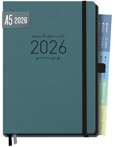 Häfft® Chäff-Timer Deluxe Kalender 2026 A5 mit Kunstleder-Einband Petrolgrau Buchkalender, Terminkalender mit Stiftschlaufe, Gummiband & Einstecktasche - nachhaltig & klimafreundlich