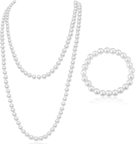 Elegante Collar de Perlas Artificiales Blancas, Pulsera de Perlas, Accesorios de Traje Largo Collar de Perlas, 150cm para Damas y niñas Fiesta