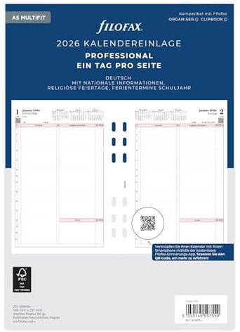 Filofax Kalender A5 Prof.1 Tag pro Seite (deutsch)2026
