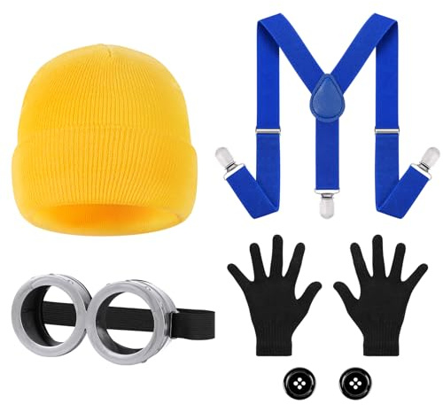 BSBUY Accesorios de Disfraz Amarillo para Cosplay, Accesorios de Disfraces Halloween Adultos Niños, Gafas Amarillas, Gorro, Guantes Negros, Clip de Azul, dos Botones