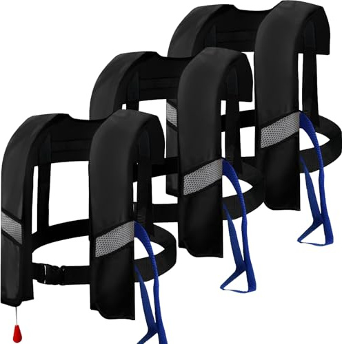 3-Pack 150N Unisex Automatic Life Jacket - Lightweight Inflatable Flotation Device with Reflective Patches, Whistle, Extra Tube - Suitable for Rowing, Boarding (Black)