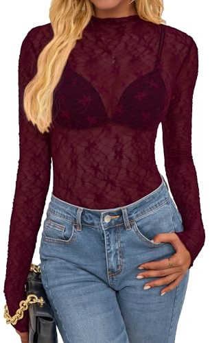 BTFBM Womens Tops Mesh Lace Long Sleeve Tops for Women 2026 Spring Fall Sexy Sheer See Through Tight Party Club Outfits(Burgundy, Medium)