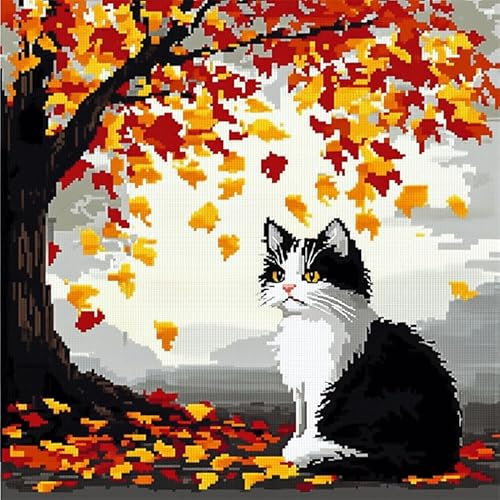 WallustrioaW Kits de gancho de pestillo DIY cojín,Gato animal,gato blanco y negro bajo el árbol de arce,Kits de alfombras autoanudables almohadas,Cojines de Ganchillo,43x43cm