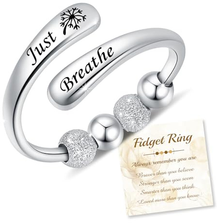 ACJFA Just Breathe Anxiety Rings for Women 925 Sterling Silver Adjustable Fidget Rings with Rotating Beads Anti-Anxiety Jewelry Gift （Dandelion）