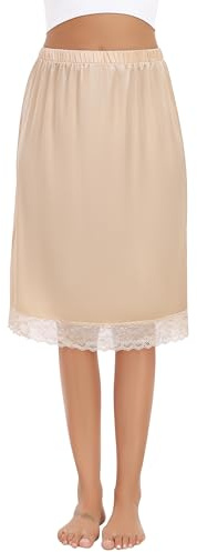 Lovasy Women's Half Slips Satin Long Underskirt with Lace Hem Anti-Static Slip Soft Half Slips for Under Dresses UK A-line Anti Static Petticoat Under Skirt,Nude,M