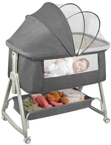 OHMG Beistellbett,Babybett,Babywiege,3 in 1 Babybett Babywiege für Neugeborene,Schaukelbettchen für Zuhause und Unterwegs mit Rädern verstellbare 6 Höhen (Grau（50 * 91 * 68-81cm）)