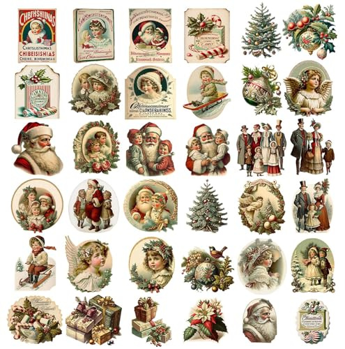 Pegatinas De Navidad Vintage - Paquete De Etiqueta De Vacaciones Retro De Papel, Calcomanías De Papel De Álbumes De Recortes, Efímera Adhesiva Decorativa | Tarjeta De Envoltura De Regalos De Bricolaje